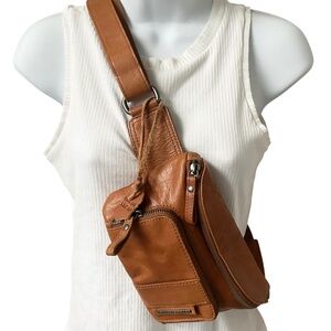 Spikes & Sparrows  Waist Bag Crossbody Leather Cognac Front Back Zip Pockets
